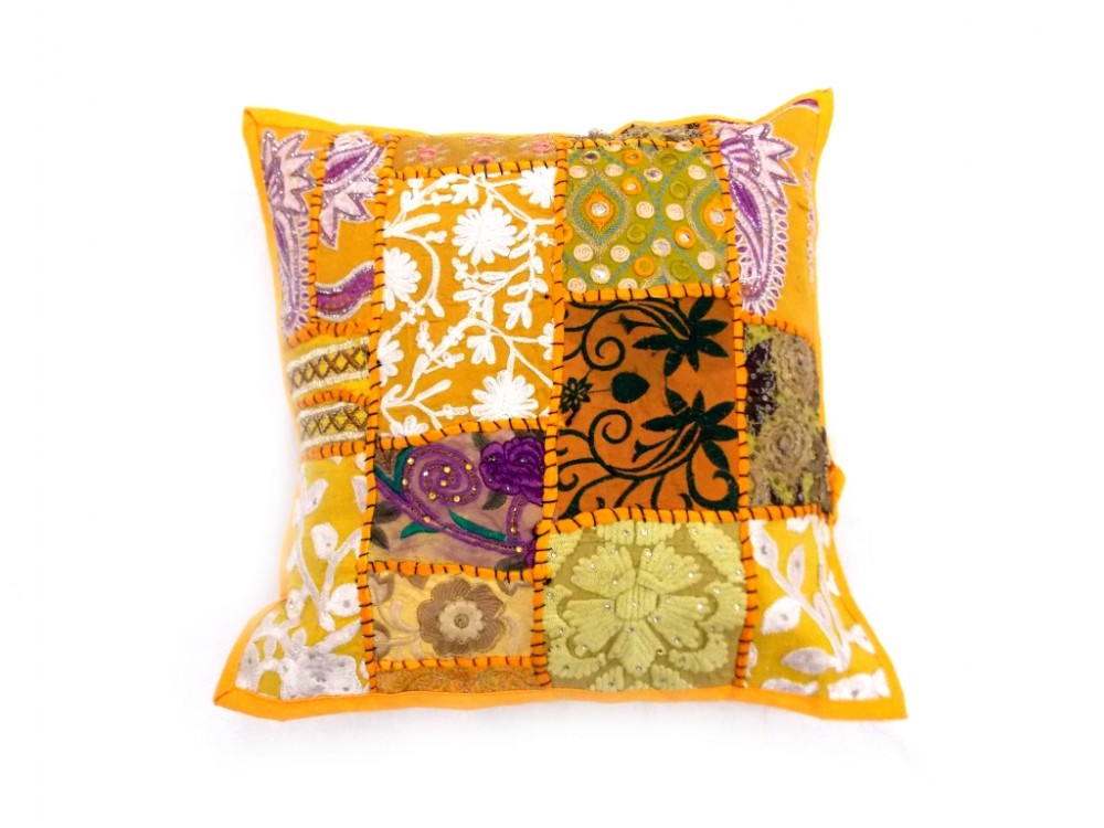 Jaipuri Patch Work Design Cotton Cushion Covers in Yellow Color Size 17x17 Inch